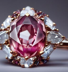 Australian Pink Argyle Diamond Ring set with white diamonds and gold band.